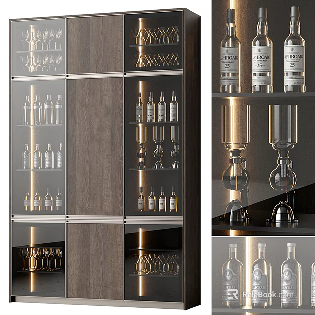 Modern Wine Cabinet With Glass Doors Built in Lighting And Wine Glass Storage 3d model 