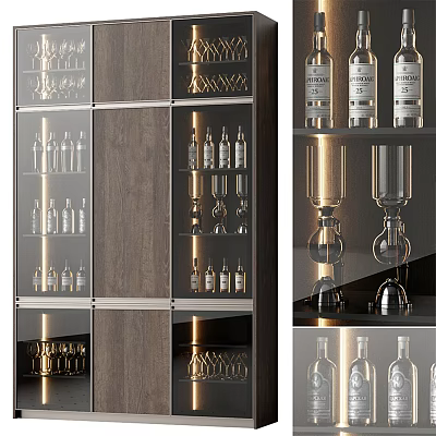 Modern Wine Cabinet With Glass Doors Built in Lighting And Wine Glass Storage 3d model
