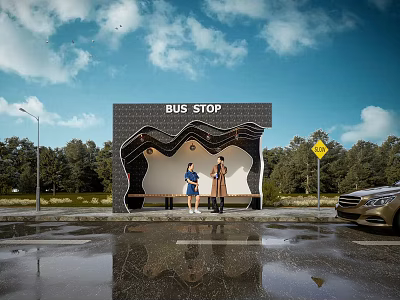 Modern Bus Stop with People Waiting Near Traffic Sign and Trees 3d model