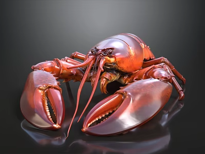 Red Shiny Lobster With Large Claws On Black Reflective Surface 3d model