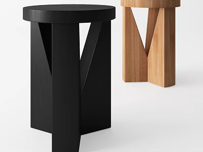 Modern Black and Wooden Stools with Minimalist Design and V Shaped Legs for Home Furniture Decor 3d model