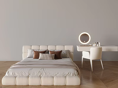 Modern Cream Style Double Bed Fabric Soft Bag Double Bed Pillow Bedding Dressing Table Makeup Stool Makeup Mirror 3d model