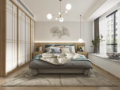 Cozy Modern Bedroom Interior With Wooden Wardrobes Decorative Painting Pendant Lights And Soft Rug 3d model