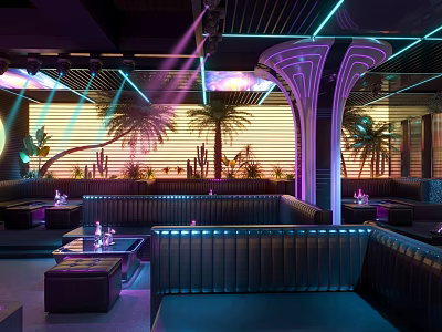 Modern Bar Interior With Neon Lights Palm Trees Cacti Sofas And Tables For Night Experience 3d model