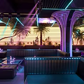 Modern Bar Interior With Neon Lights Palm Trees Cacti Sofas And Tables For Night Experience 3d model