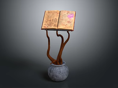 Antique Open Book Display With Branch Like Wooden Stand And Gray Stone Vase Base 3d model