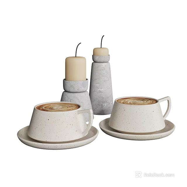 Minimalist Modern Decorative Ornament Set With Coffee Cups Saucers And Candles 3d model 