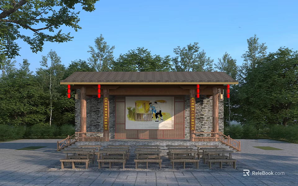 Traditional Chinese Stage With Stone Walls Red Lanterns And Wooden Benches Surrounded By Trees 3d model 