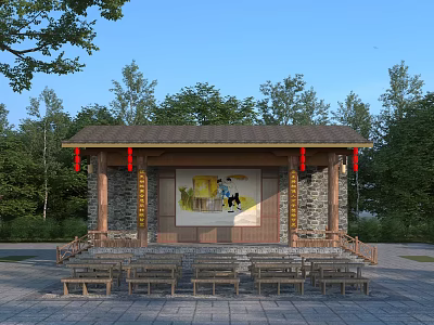 Traditional Chinese Stage With Stone Walls Red Lanterns And Wooden Benches Surrounded By Trees 3d model