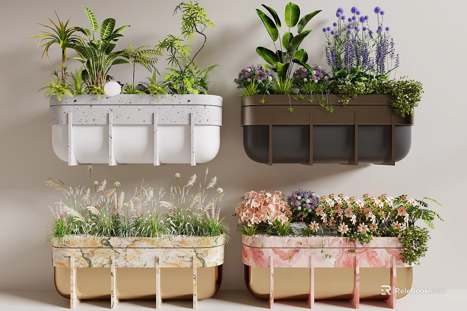 Indoor Plant Combinations in Various Colored Planters with Greenery and Flowers 3d model 