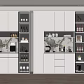 Elegant Modern Wine Cabinet With Glass Doors Wine Bottles And Decorative Plants In Kitchen