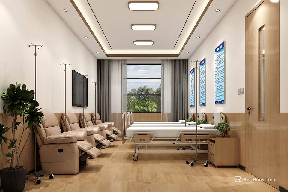 Modern Hospital Outpatient Clinic Interior With Infusion Chairs Medical Beds And Green Plant 3d model 