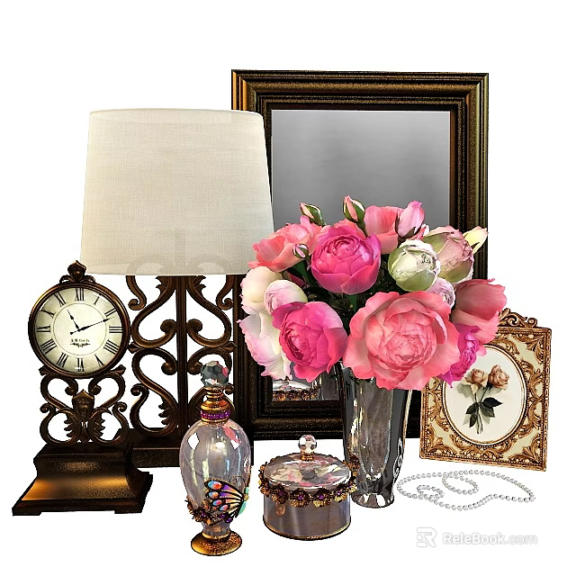 Vintage Decorative Ornament Set With Antique Clock Table Lamp Pink Flowers Vase Mirror Photo Frame 3d model 