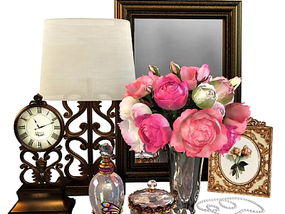 Vintage Decorative Ornament Set With Antique Clock Table Lamp Pink Flowers Vase Mirror Photo Frame 3d model