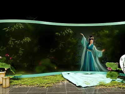 Elegant Art Installation With Woman In Blue Traditional Costume Bamboo Forest And Lotus Flowers 3d model