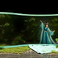 Elegant Art Installation With Woman In Blue Traditional Costume Bamboo Forest And Lotus Flowers