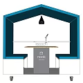 Public Office Area With White Cubicle Design Wooden Table And Blue Seats