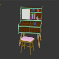 Traditional Wooden Writing Desk With Glass Door Cabinet Drawers And White Cushioned Stool