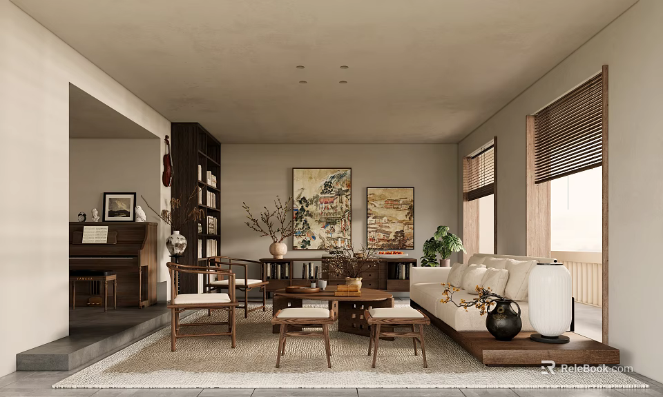 Traditional Living Room Interior Design With Piano Bookshelf Paintings Sofa And Coffee Table 3d model 