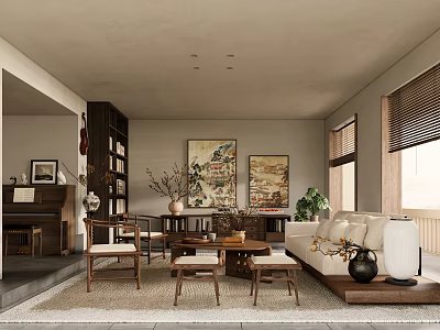 Traditional Living Room Interior Design With Piano Bookshelf Paintings Sofa And Coffee Table 3d model