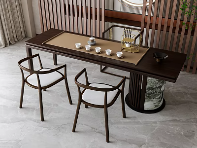 Elegant Modern Wooden Tea Table and Chairs with White Cushions and Ceramic Tea Cups 3d model