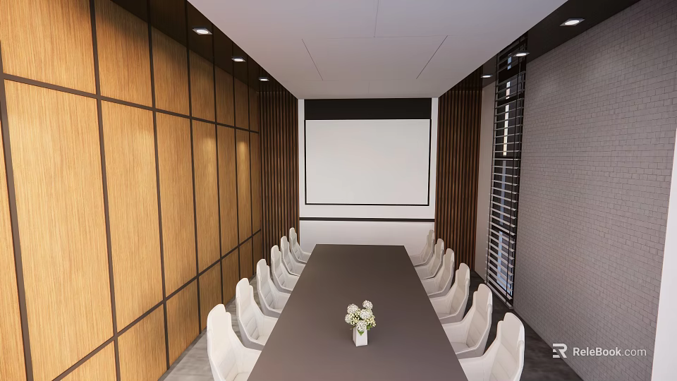 Modern Conference Room With Long Table White Chairs Projection Screen Wooden Walls And Ceiling Lights 3d model 