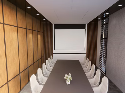 Modern Conference Room With Long Table White Chairs Projection Screen Wooden Walls And Ceiling Lights 3d model