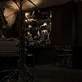 Dark Elegant Bar Interior With Chandelier Illuminated Wine Shelves Glassware And Marble Decor Accents
