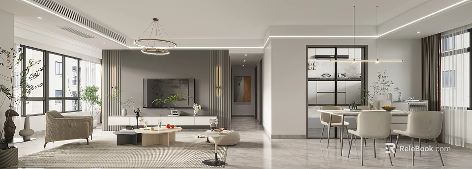 Modern Living and Dining Room Interior With Chandelier TV Coffee Table And Dining Chairs 3d model 