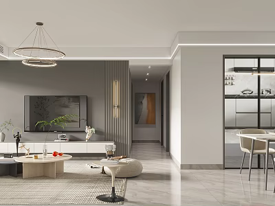 Modern Living and Dining Room Interior With Chandelier TV Coffee Table And Dining Chairs 3d model