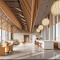 Hotel Public Lounge Area With Wooden Roof Lanterns Green Plants And Comfortable Seating