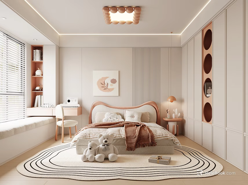 Cozy Kids Room Interior With Soft Bed Stuffed Toys Circular Rug And Window Seat 3d model 