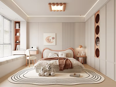 Cozy Kids Room Interior With Soft Bed Stuffed Toys Circular Rug And Window Seat 3d model