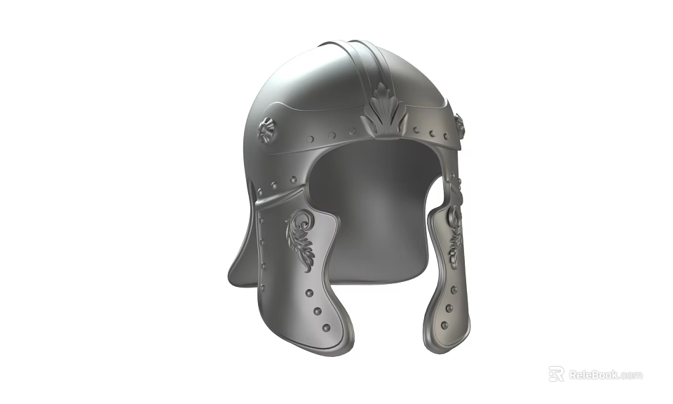 Medieval Metal Helmet With Ornate Carvings And Decorative Cheek Guards 3d model 