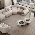 Modern Curved Light Sofa and Coffee Table Set with Plush Cushions Marble Top and City View