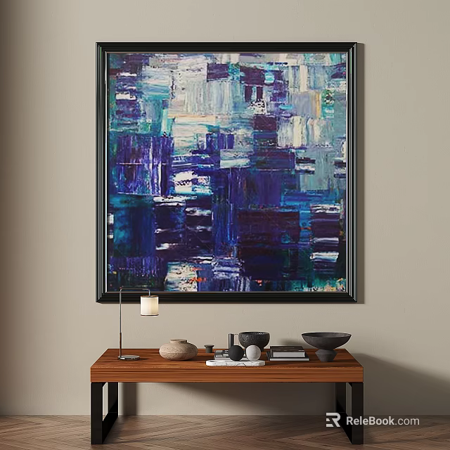 Modern Abstract Painting With Blue Purple White Textured Geometric Blocks Hanging On Wall 3d model 