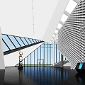 Modern Front Desk Reception in Elegant Lobby with Geometric Wall Glass Windows and Staircase