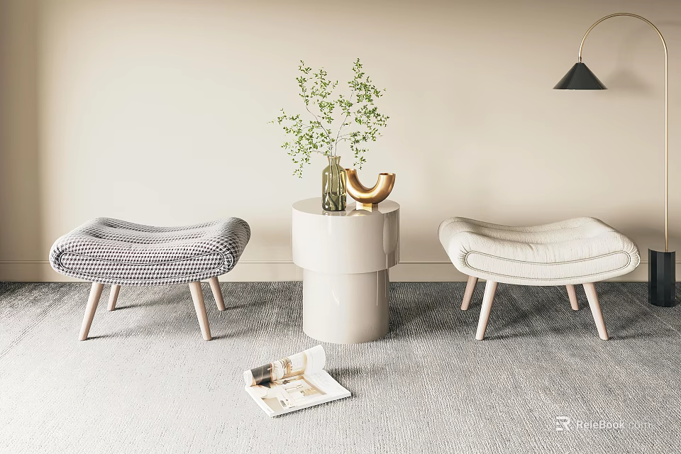 Modern Gray And Beige Upholstered Sofa Stools With Side Table Green Plant And Floor Lamp On Rug 3d model 