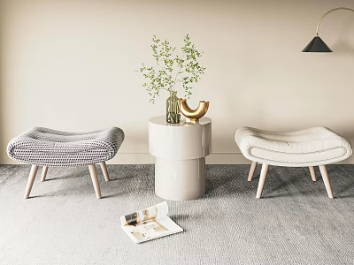 Modern Gray And Beige Upholstered Sofa Stools With Side Table Green Plant And Floor Lamp On Rug 3d model