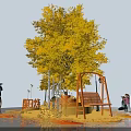 Vibrant Yellow Tree With Fallen Leaves Bench And Street Lamps Photo Check in Spot