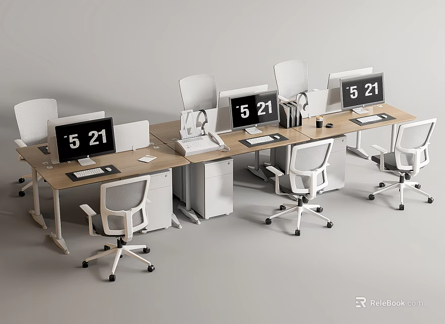 Modern Office Workstations With White Chairs Computer Monitors 521 Digital Clocks And Wooden Tops 3d model 