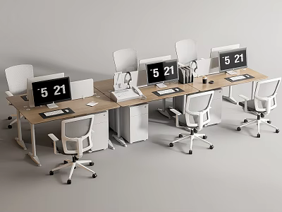 Modern Office Workstations With White Chairs Computer Monitors 521 Digital Clocks And Wooden Tops 3d model