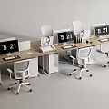 Modern Office Workstations With White Chairs Computer Monitors 521 Digital Clocks And Wooden Tops