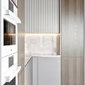 Modern Kitchen Interior Featuring Wooden Grey Striped And Silver Cabinets With Marble Countertop
