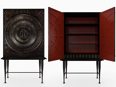 Display Cabinet Shelving With Open Closed Doors Carved Patterns Red Panels Shelves And Black Legs 3d model