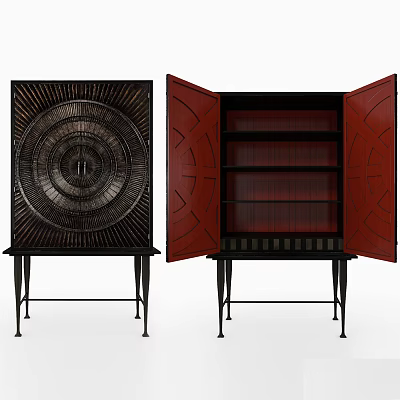 Display Cabinet Shelving With Open Closed Doors Carved Patterns Red Panels Shelves And Black Legs 3d model