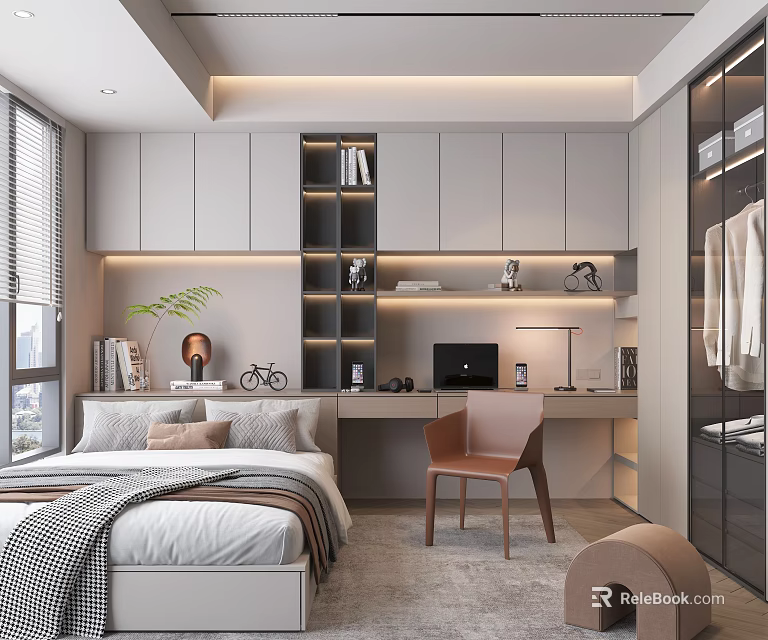 Modern Tatami Bedroom Interior Design With Built in Desk Wardrobe And Storage Solutions 3d model 