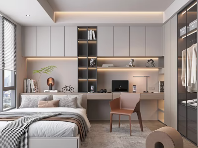 Modern Tatami Bedroom Interior Design With Built in Desk Wardrobe And Storage Solutions 3d model
