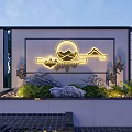 Outdoor LED Neon Lights With Sun Mountain Design On Modern Building Wall And Garden Plants Stones