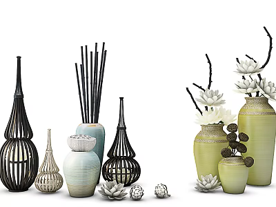 Ceramic Vessels Collection With Hollow Out Design And Lotus Flower Accents 3d model